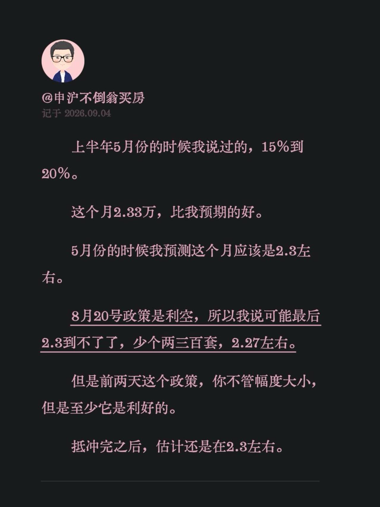 上半年5月份的时候我说过的，15%到20%。
这个月2.33万，比我预期的好。