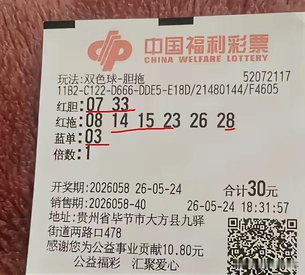有中奖概率，这张双色球小票就是没有坚持两个月，错过了一等奖[星星眼]