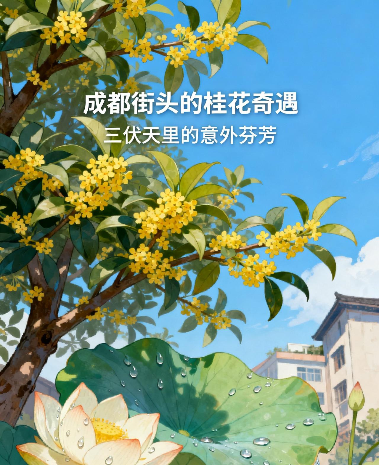 成都桂花提前开了，大街上全是桂花香。有个姑娘，35度的大太阳底下急着赶去上班，走