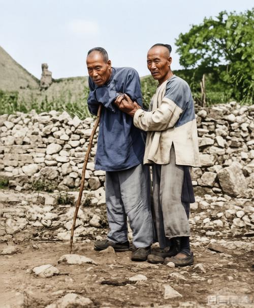 清末，乡间石墙下，左侧男子重病缠身，身形佝偻、浑身无力，仅靠一根粗木拐杖完全无法