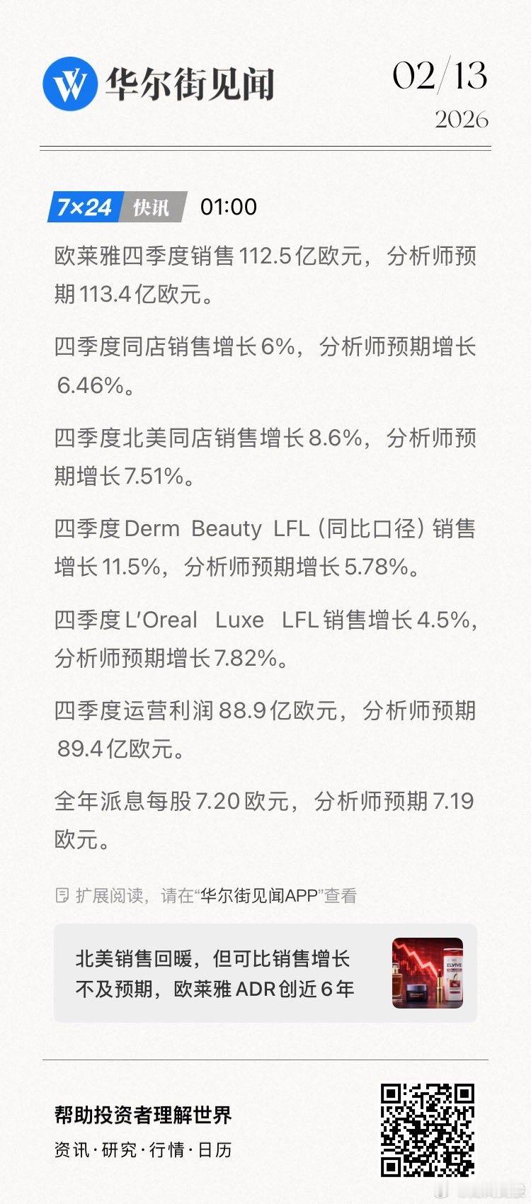欧莱雅四季度销售112.5亿欧元，分析师预期113.4亿欧元。四季度同店销售增长