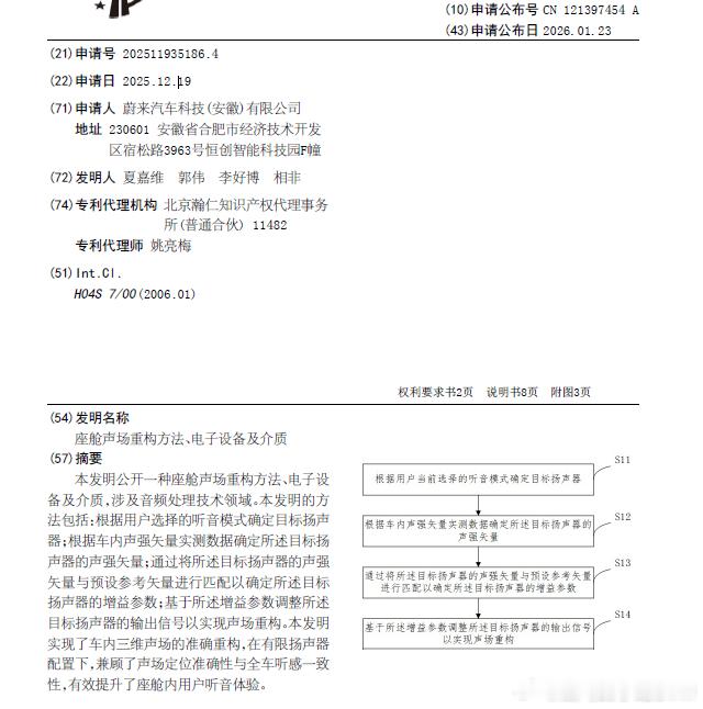 技术巡猎  蔚来 “座舱声场重构方法、电子设备及介质”---车里听歌，靠甜点位？