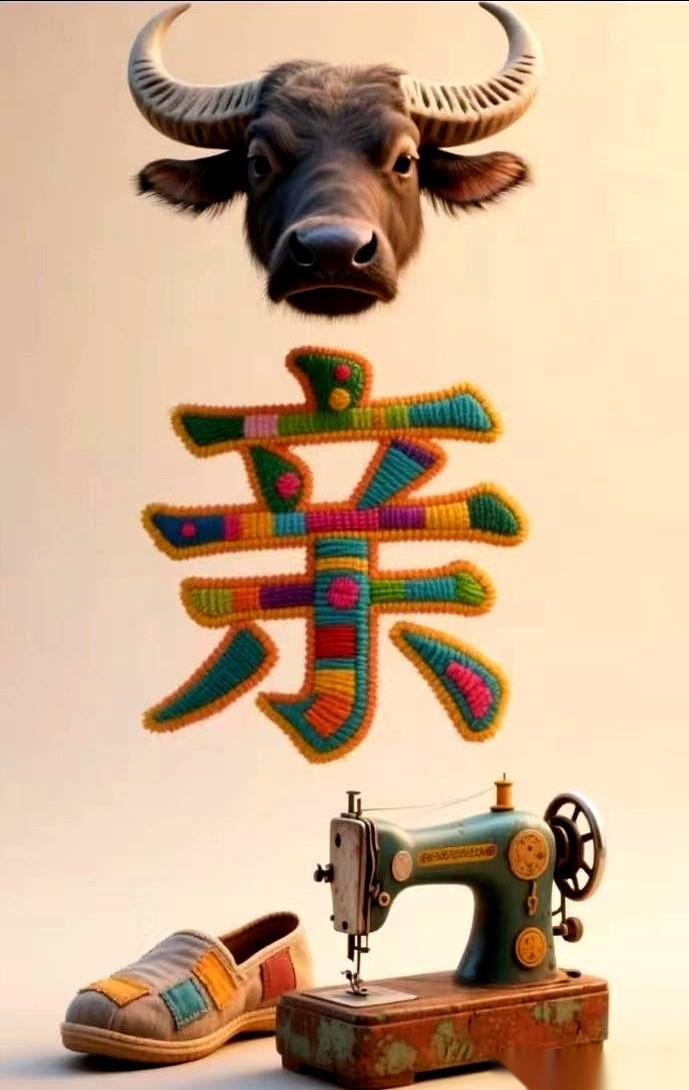 一张图，差点把我CPU干烧了。
一个牛头，一台缝纫机，一只布鞋，还有一张亲子照。