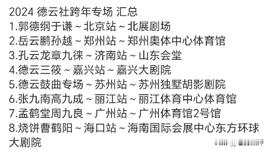 2024年德云社跨年专场已经官宣了八场，目前这些演员的跨年专场都已经开始售票，很