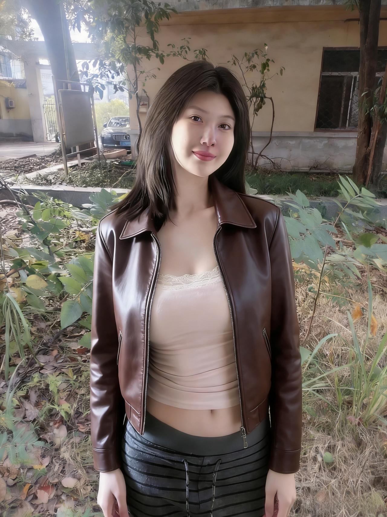 皮衫凝暮色，飒影走街头。
眉底藏星子，何须借月柔。