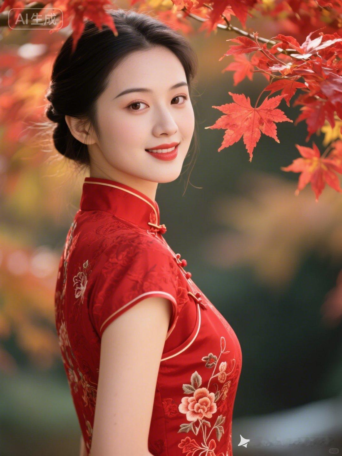 秋意浓，红叶映美人，古典韵味十足。