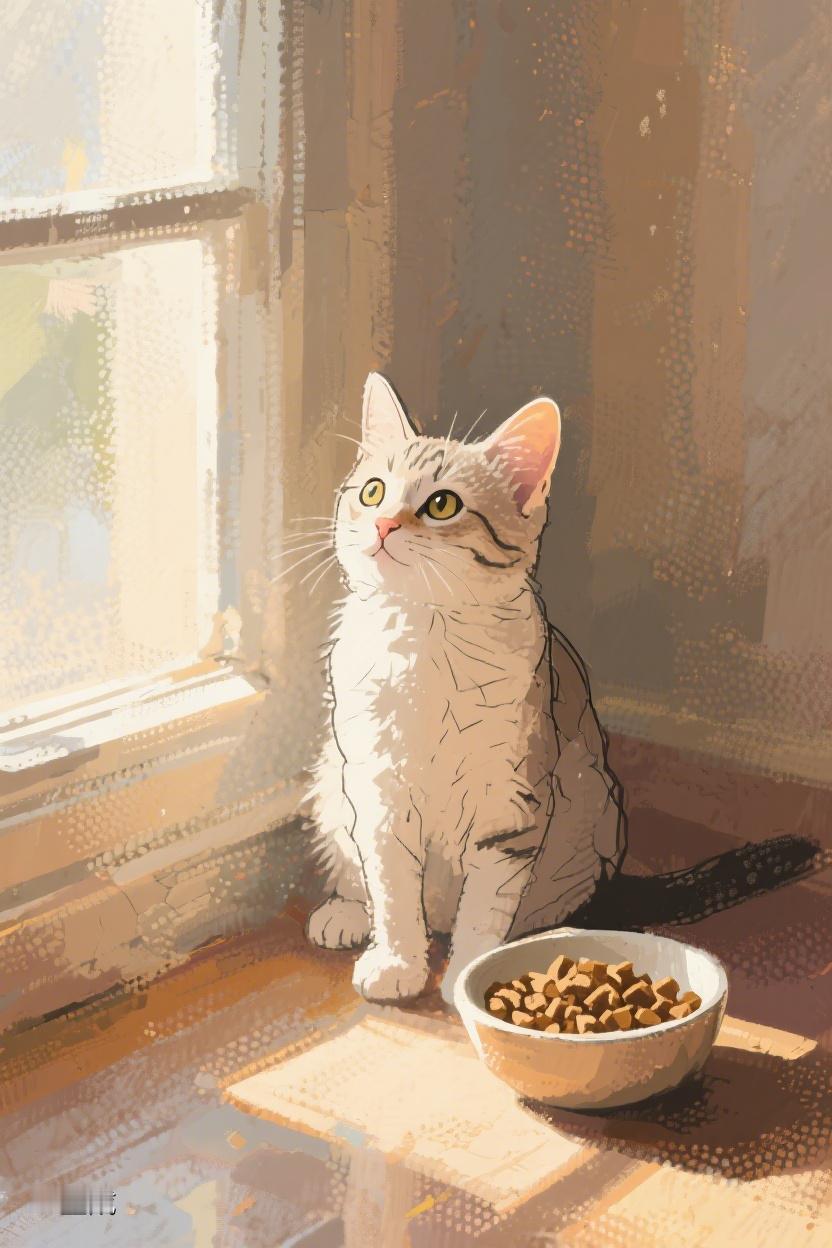 AI随心绘暖阳轻抚白猫，安静于窗隅。一碗猫粮，藏着简单生活里的小确幸💕