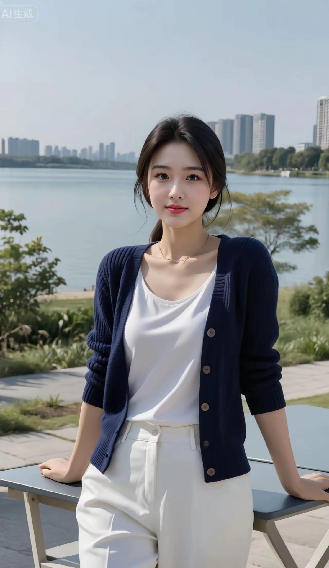 清新夏日穿搭，白色上衣+蓝色针织开衫，搭配白色长裤，简约又时尚！发现生活最美瞬间