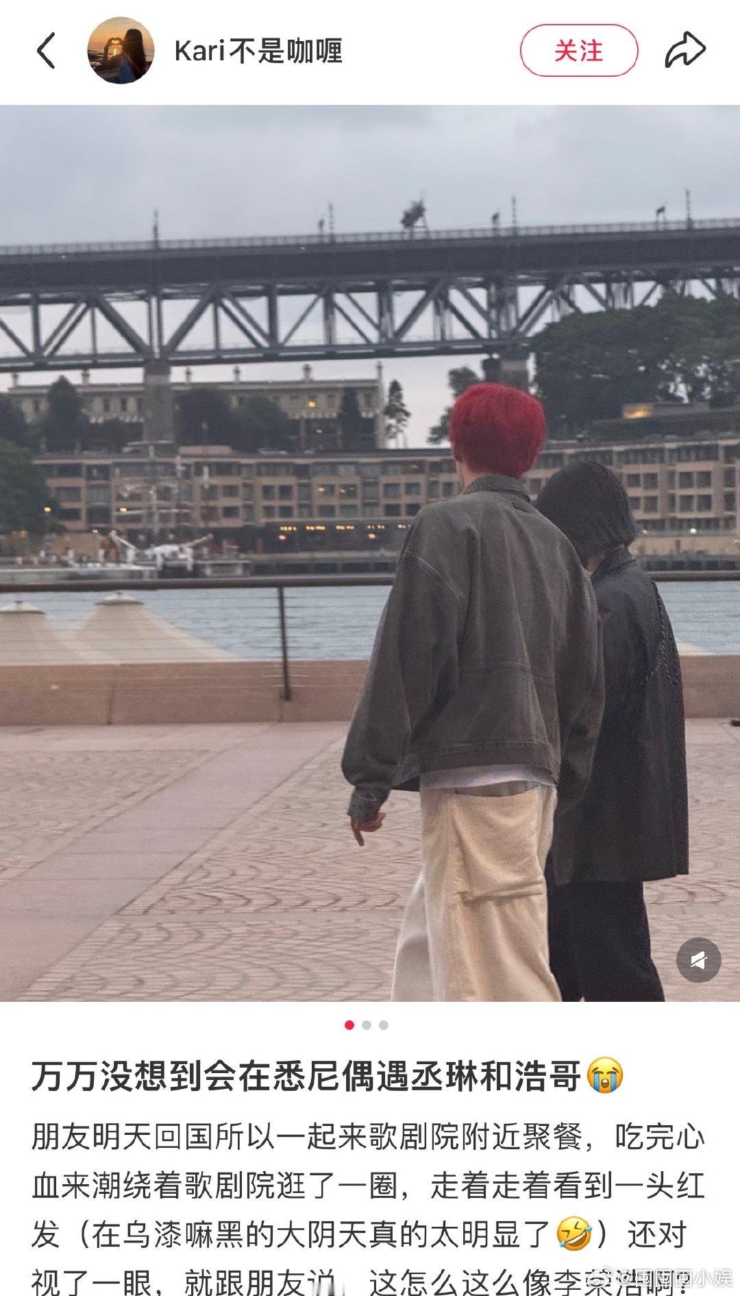 网友悉尼偶遇杨丞琳李荣浩，一眼就瞅见浩哥那红发——这在阴天里想不看见都难，两口子