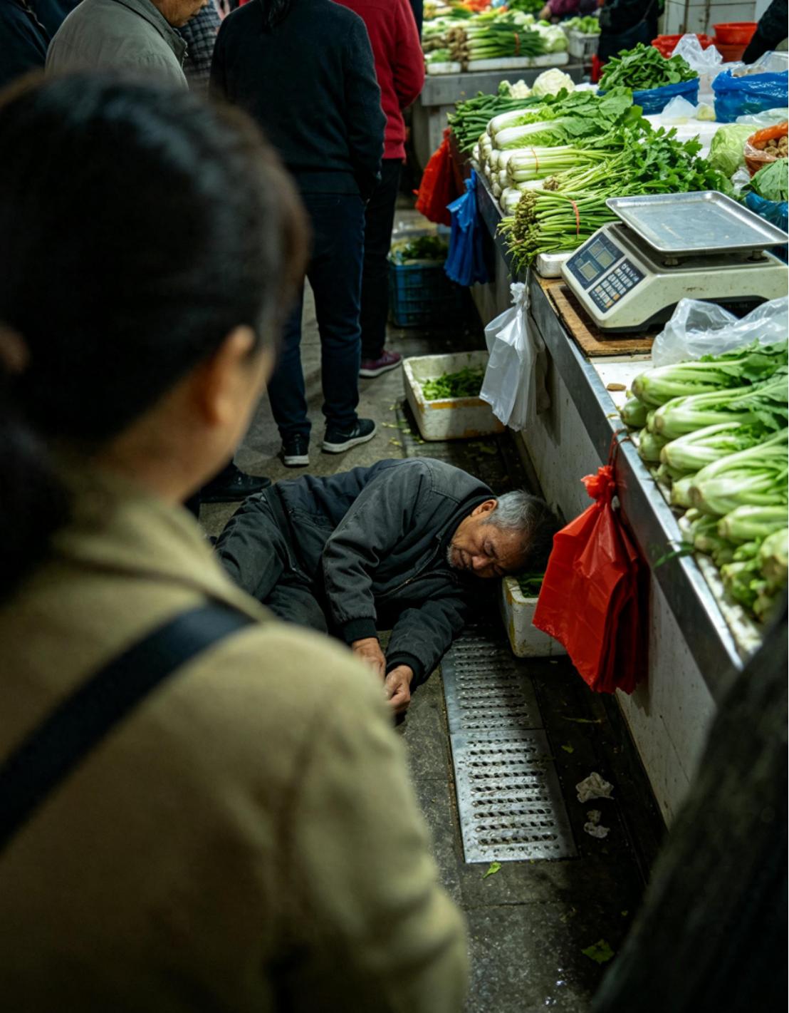 十分钟！老人菜市场倒地无人敢扶！一名老人突然倒在农贸市场里，旁边围着不少人，却迟