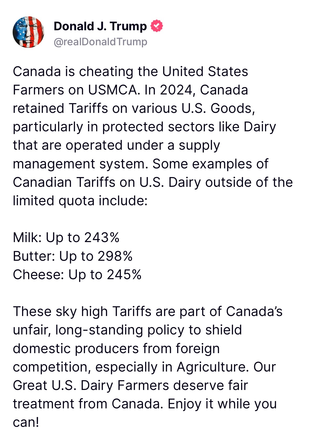 美国总统特朗普刚刚在社媒发文，指责加拿大在美墨加协定（USMCA）下对美农不公，