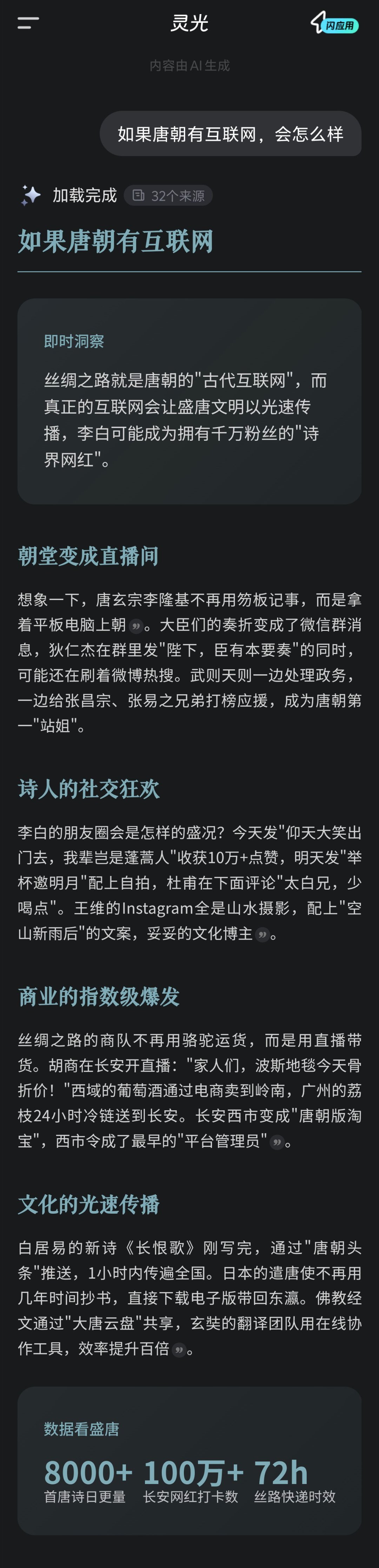刚去下载体验了一把，确实很牛！我就问了个唐朝如果有互联网会怎样，它就给我把可能的