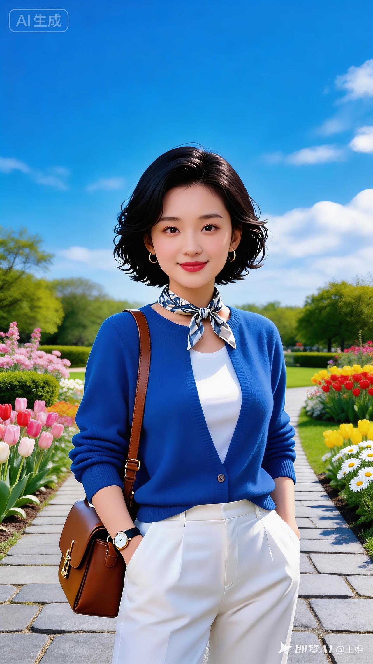 公园石板路，两旁繁花绿植环绕，蓝天白云澄澈。整体蓝色调为主，色彩对比强烈，漂亮小