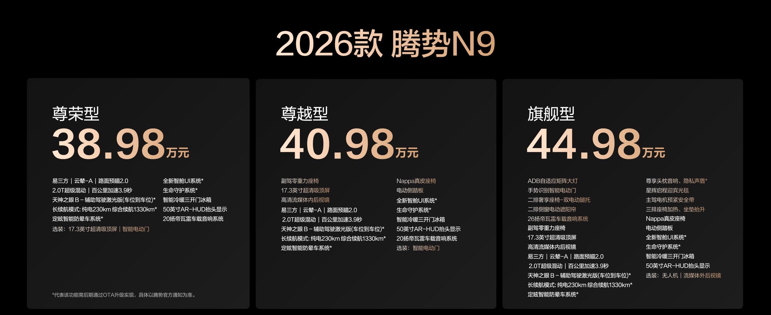 今晚2026款腾势N9也上市，售价38.98-44.98万元。因为是年款，所以主