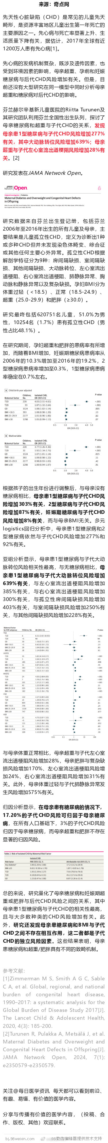 JAMA子刊：超62万名儿童数据显示，母亲患1型糖尿病与后代患先心病风险增加27