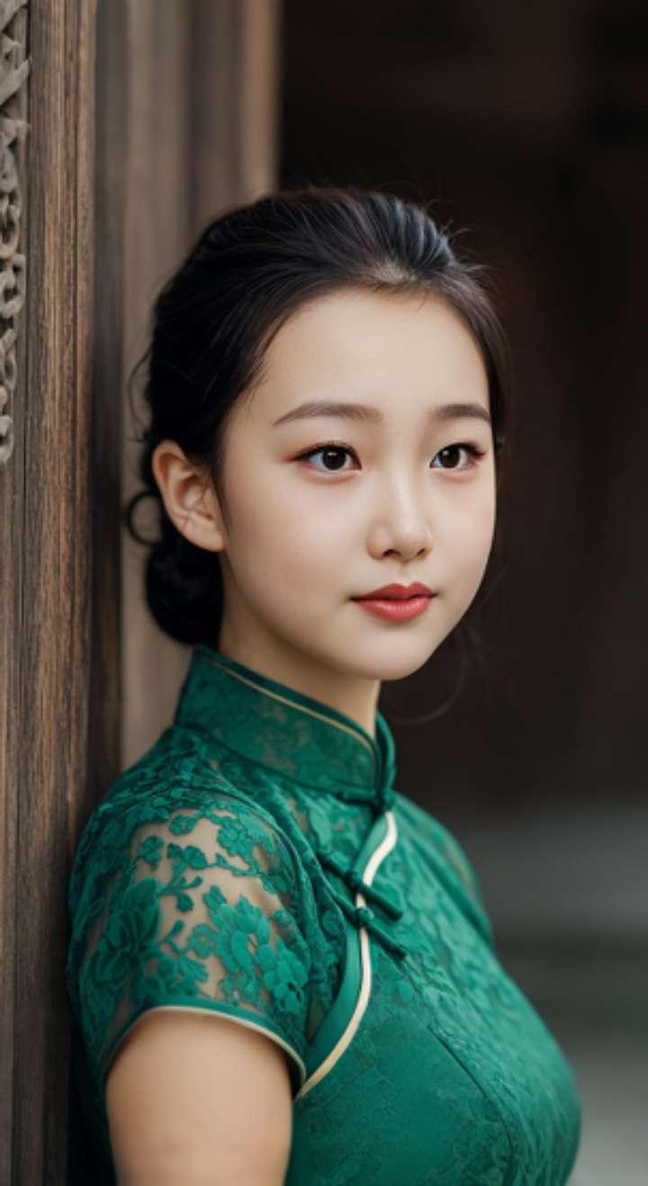 AI扩图 AI绿旗袍佳人