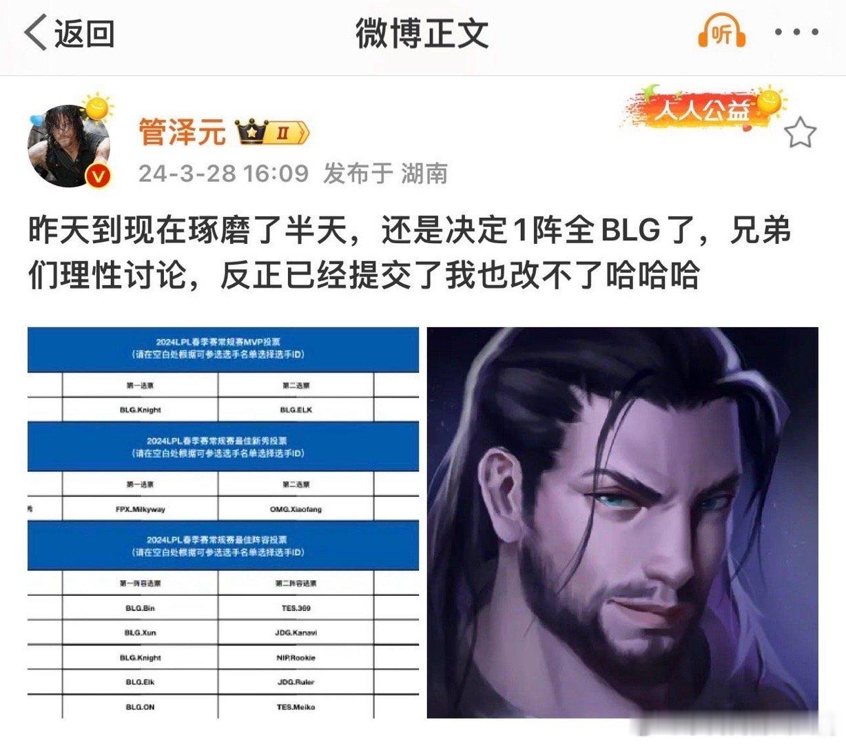 #管泽元全票给blg一阵# 米勒投票LPL春季赛最佳阵容：milkyway、尺帝