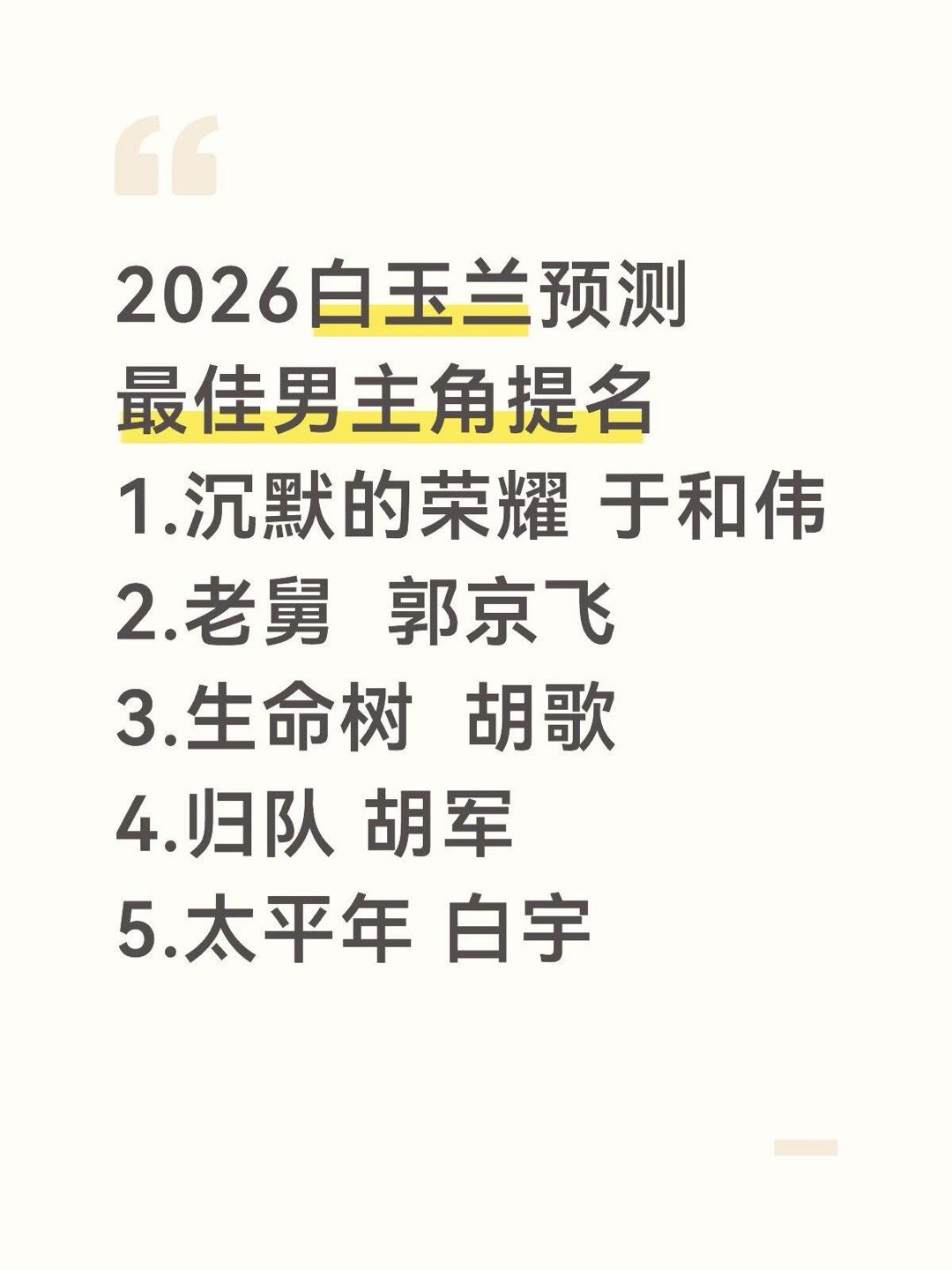 白玉兰预测2026白玉兰预测最佳男主角提名1.沉默的荣耀 于和伟2.老舅  郭京