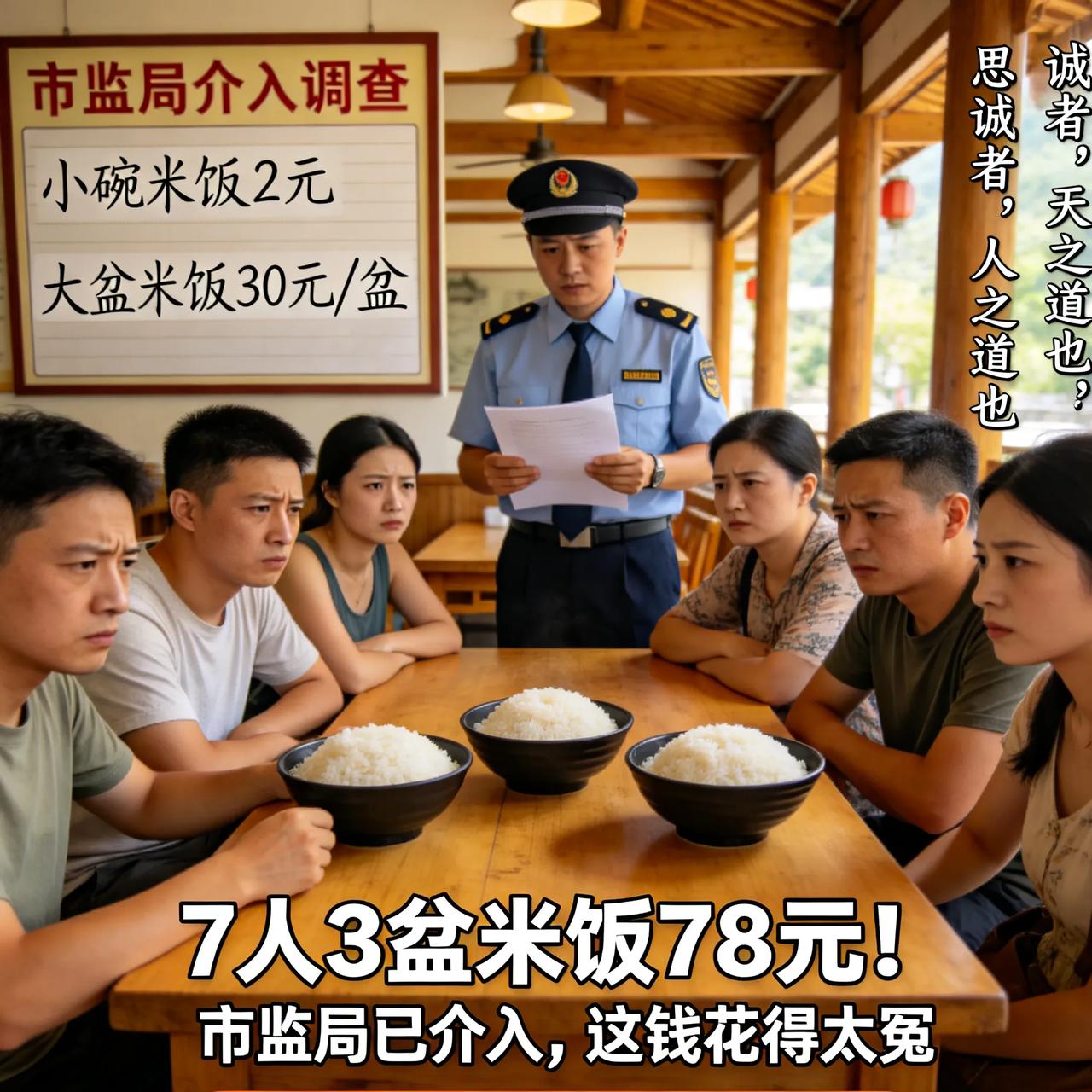 7人3盆米饭78元！市监局已介入，这钱花得太冤
 
景区吃饭真能让人破防。
 