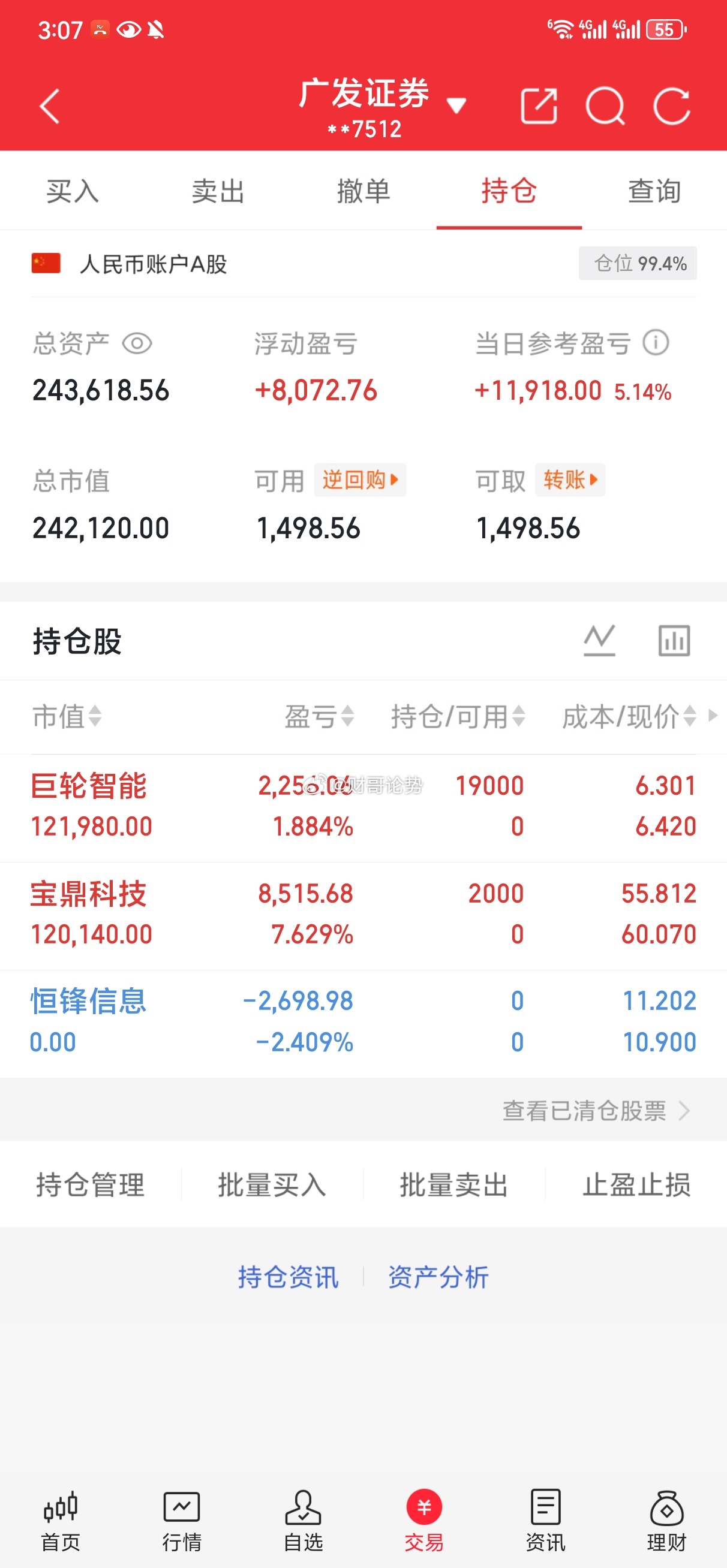 20W实盘分享第8天！买入：巨轮智能买入：宝鼎科技卖出：恒锋信息财哥实盘分享，不