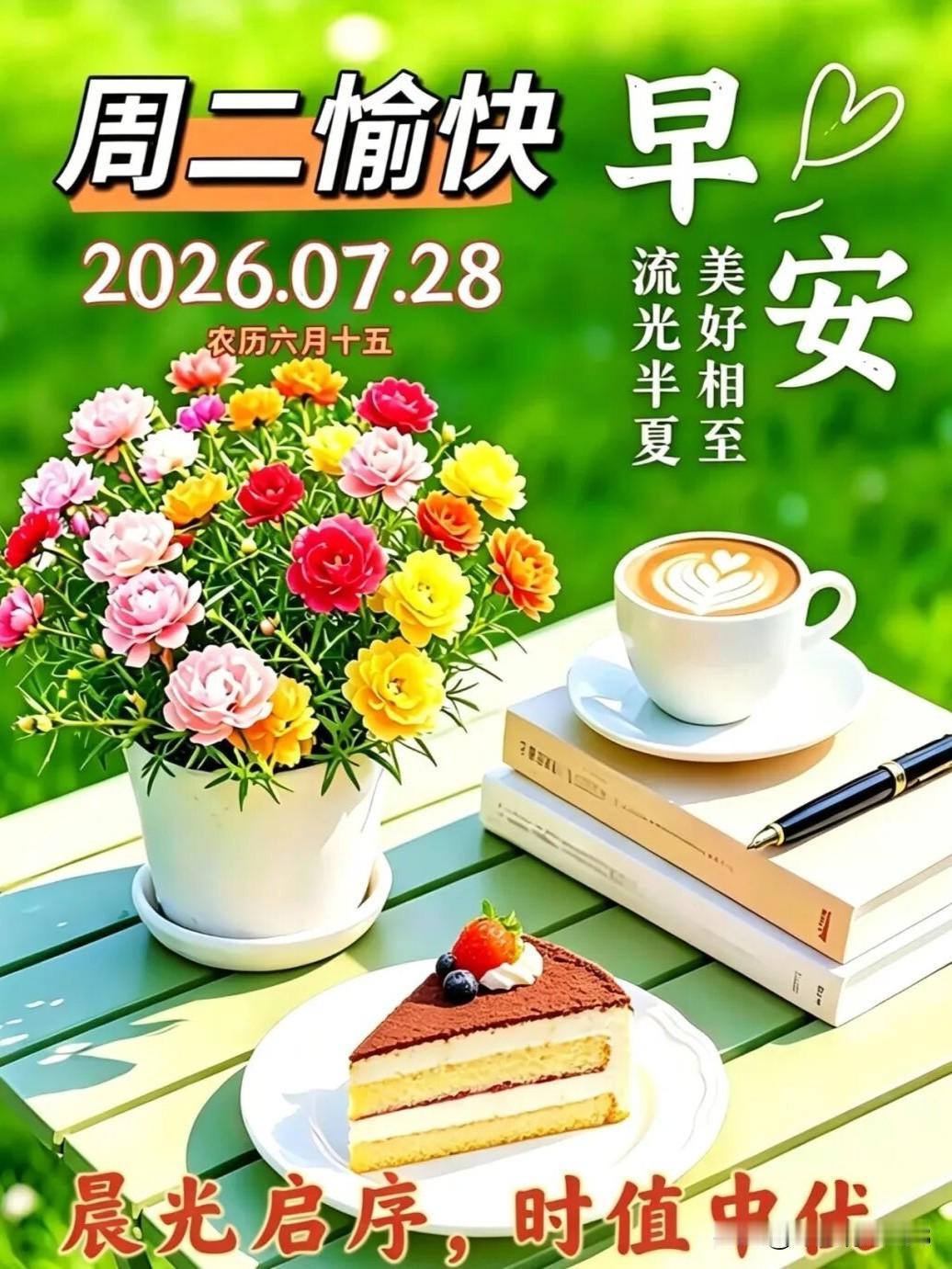 7月28日，周二早安，致身边各位朋友。
 
新的周二如约而至，时光走到7月28日