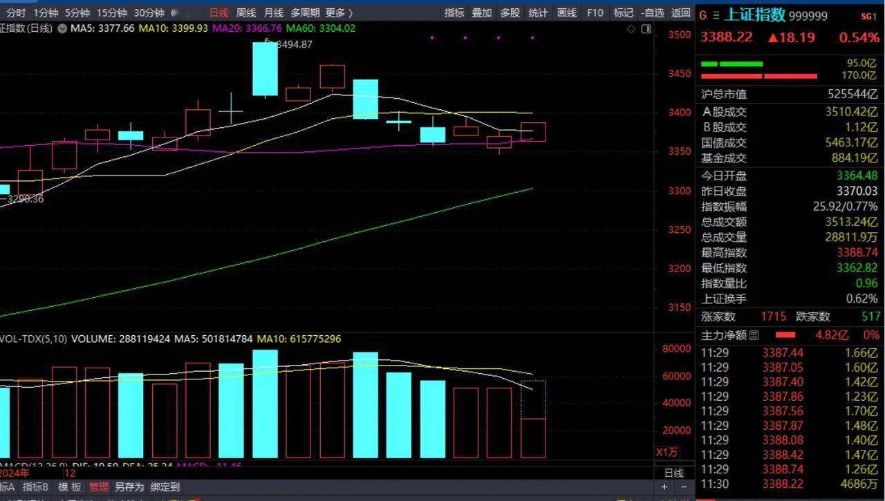 周五三大指数放量上涨，这是止跌了要重新上涨吗？
周五中午收盘了，收在了3388.
