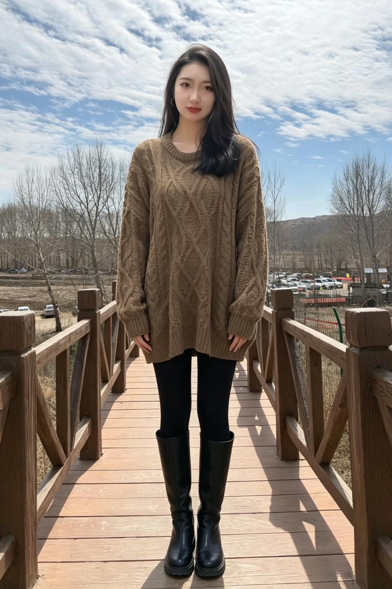 木桥晴日影悠悠，野岸疏林入望稠。
褐衣缓立风轻度，一怀清意写春秋。