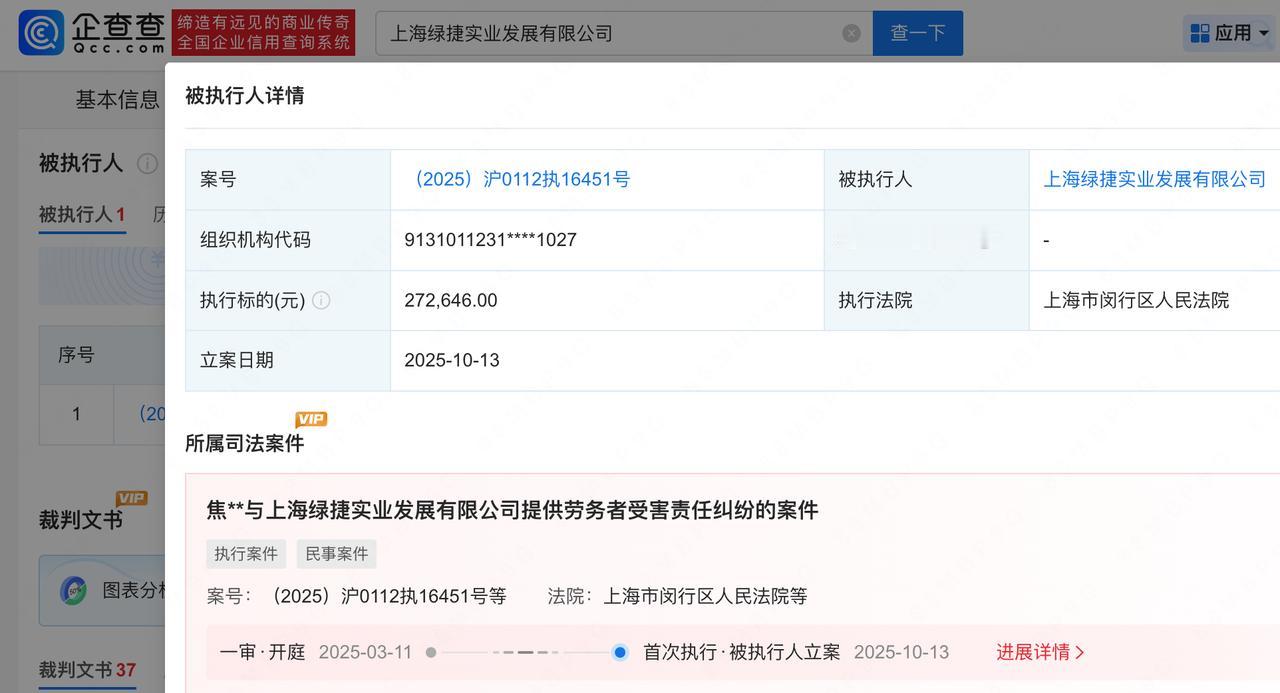 【上海绿捷被强制执行】上海绿捷被执行27万元企查查APP显示，近日，上海绿捷实业