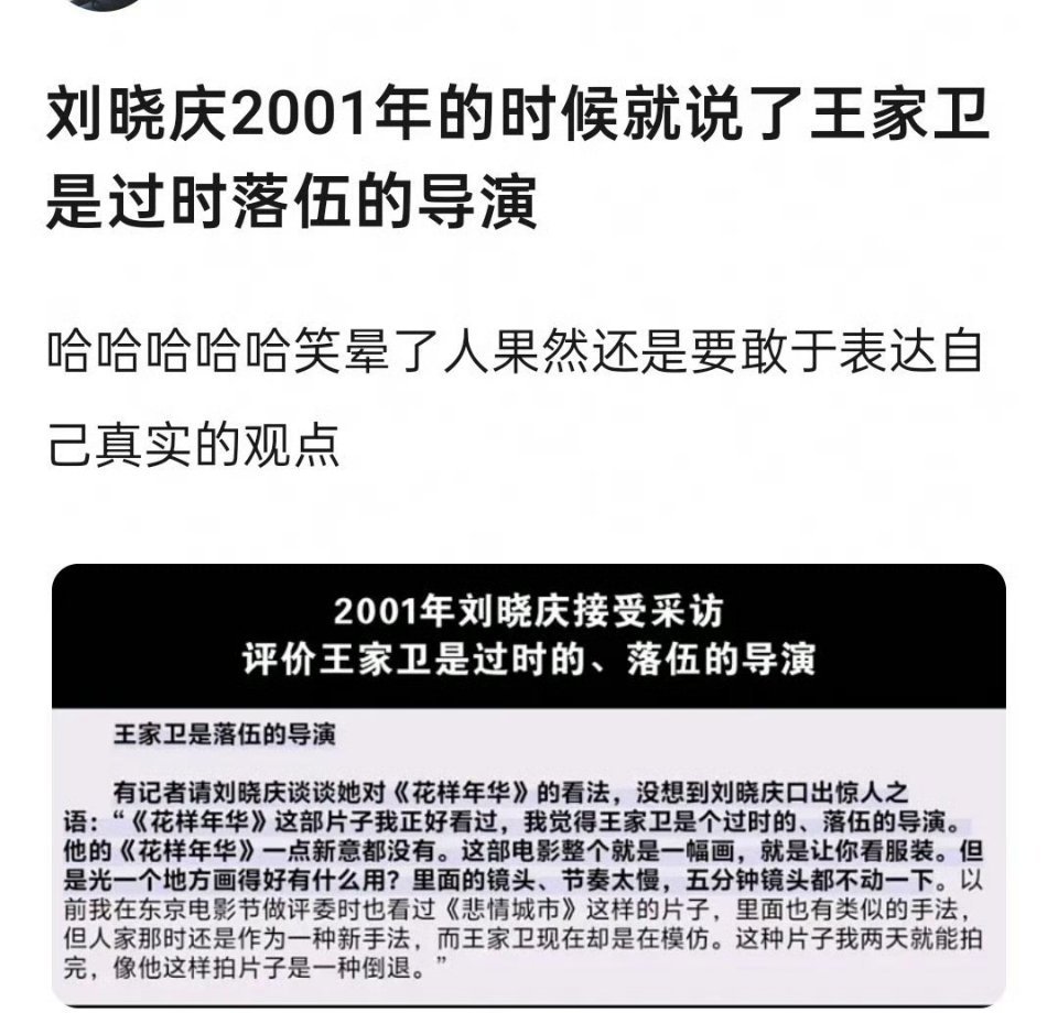 刘晓庆辣评王家卫的《花样年华》，镜头节奏慢，空有画面，还说王家卫是在模仿别人 ​