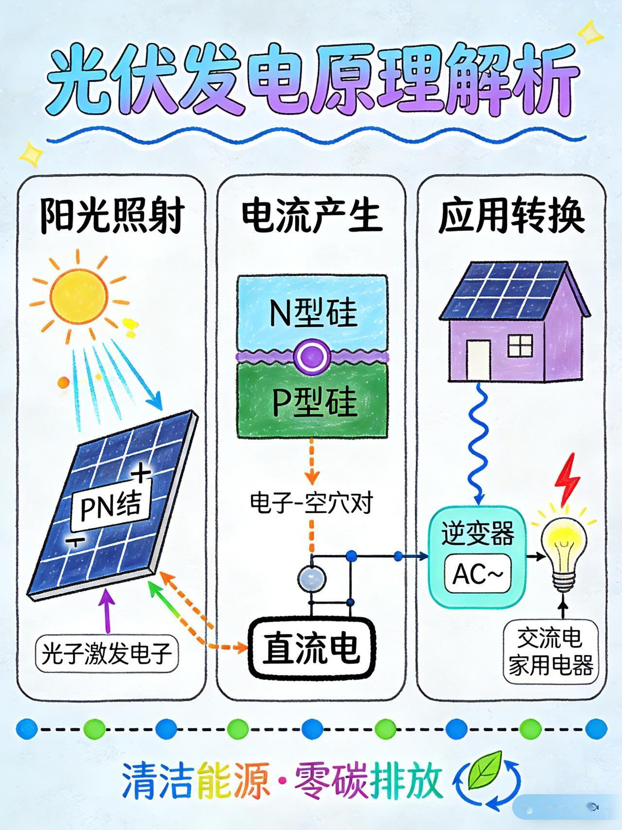 光伏发电原理解析：太阳光照在光伏板上，光子把硅材料里的电子“打”出来，形成电流，