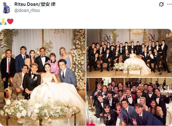 日本国脚堂安律在ins上宣布结婚，并晒出了妻子明松美玖的数张结婚照，找到富安健洋