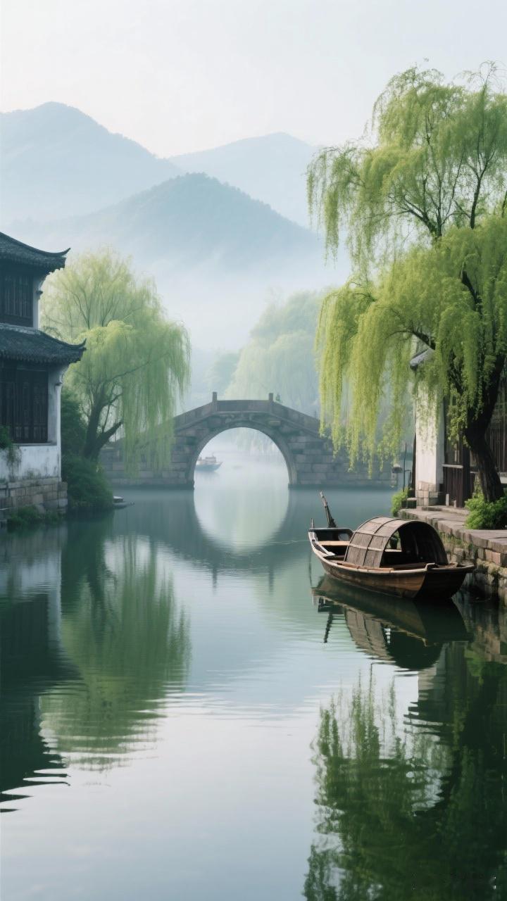 江南水乡就像一幅徐徐展开的水墨画，宁静与美丽藏在每一处角落。一叶扁舟悠悠划过水面