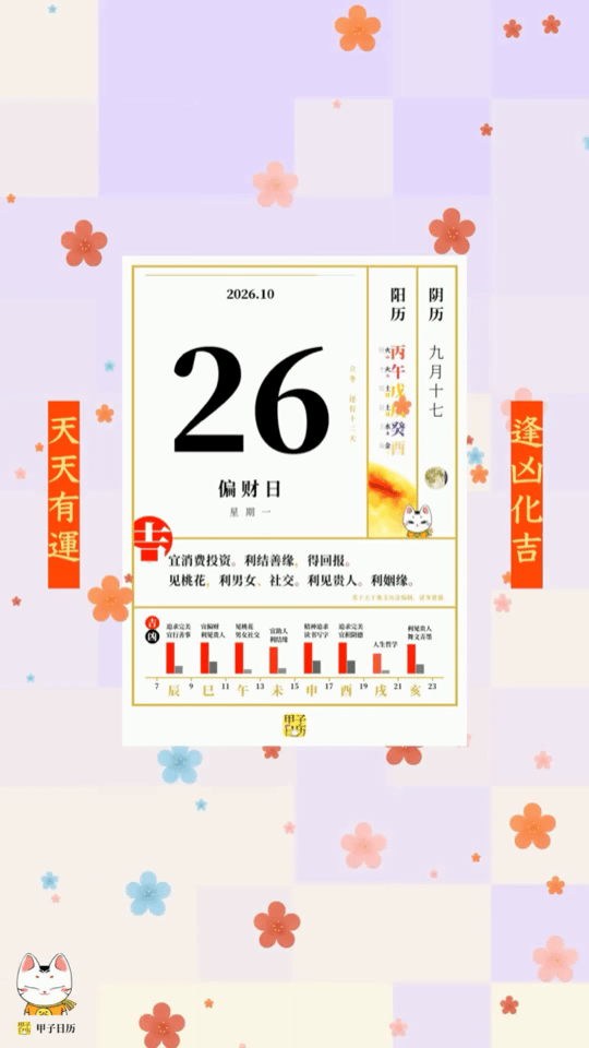 甲子日历 10 月 26 日，偏财日。宜消费投资。利结善缘，得回报。📆 星座人