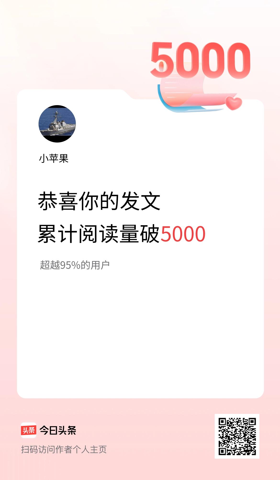 🤝我在头条累计获得阅读量破5000啦！