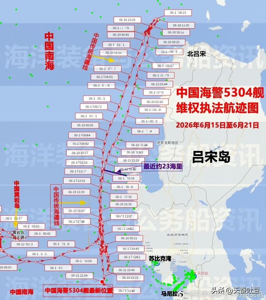 【海警】6月21日晚间，菲方发布了中国海警5304“美济”舰在我国黄岩岛以东海域