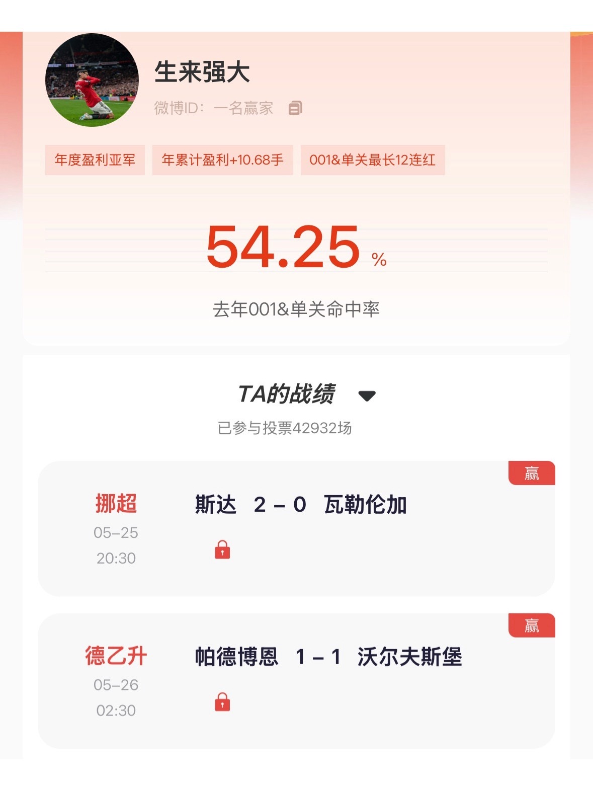 【“猜球”——民间高手】去年单关冠军 昨日001单关斯达、帕德博恩2场全红！季榜