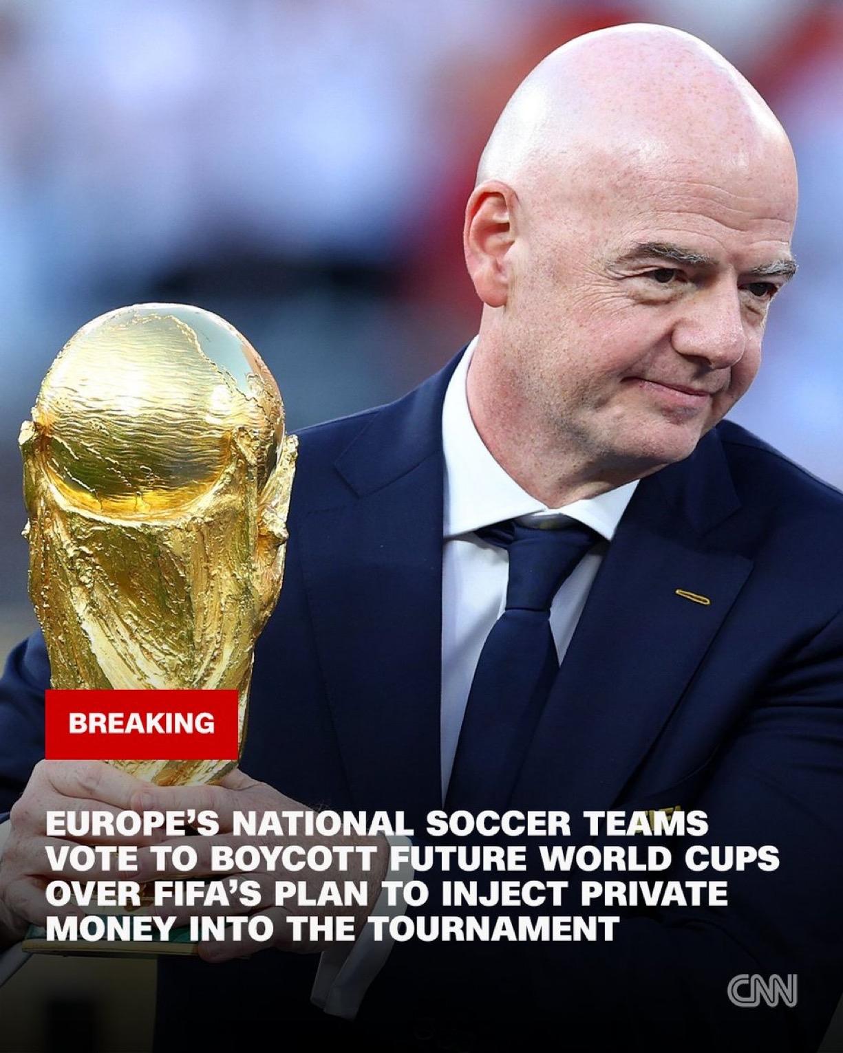 欧足联55个成员协会一致决定：若国际足联FIFA推进引资计划，将抵制全部赛事，退