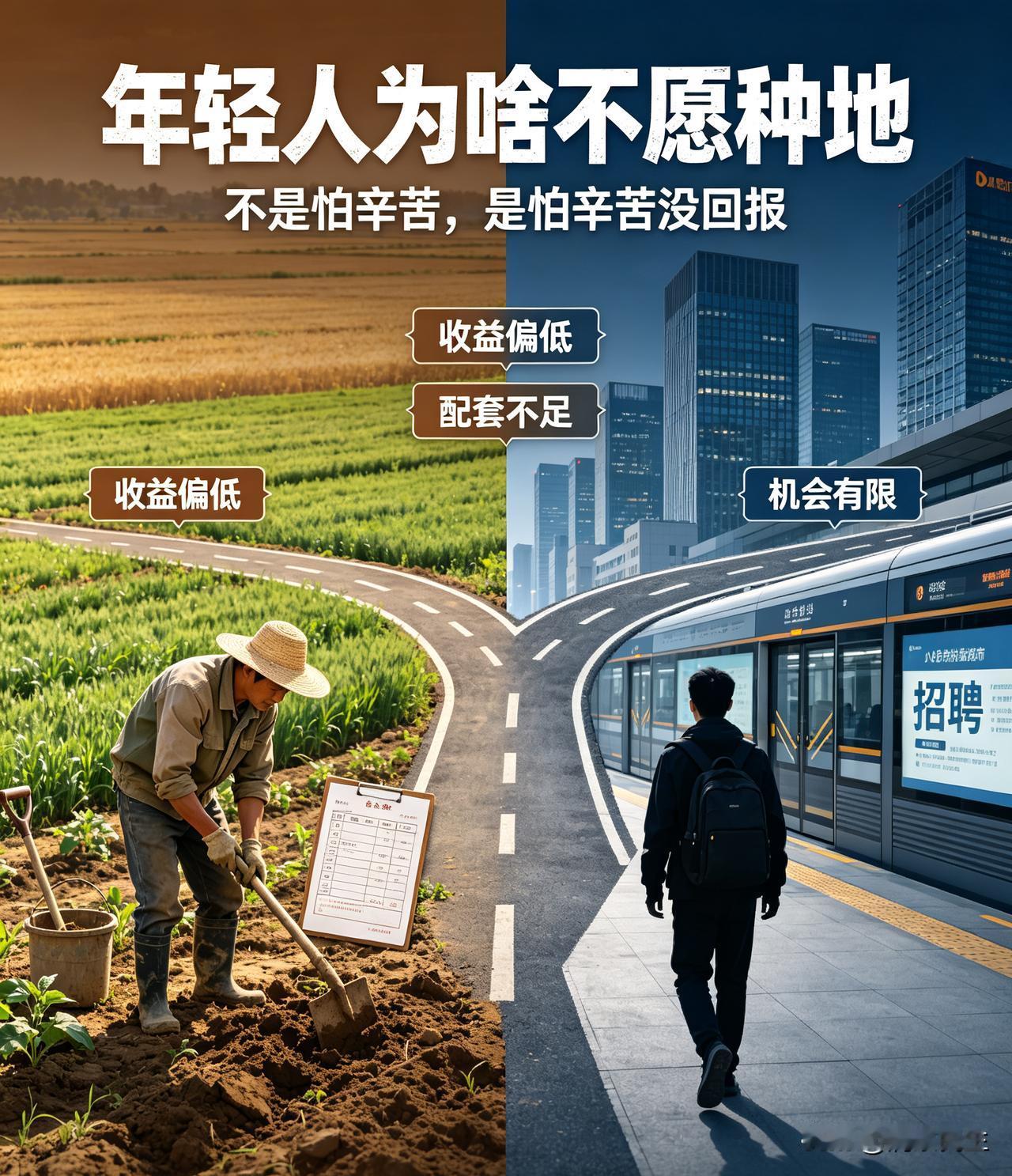 种地辛苦，风吹日晒，劳作周期漫长，农产品收购价格偏低，除去农资成本，收益十分有限