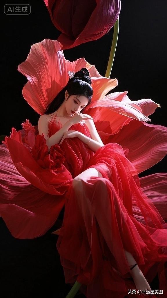 梦幻红衣美人与巨花相拥，如梦如幻