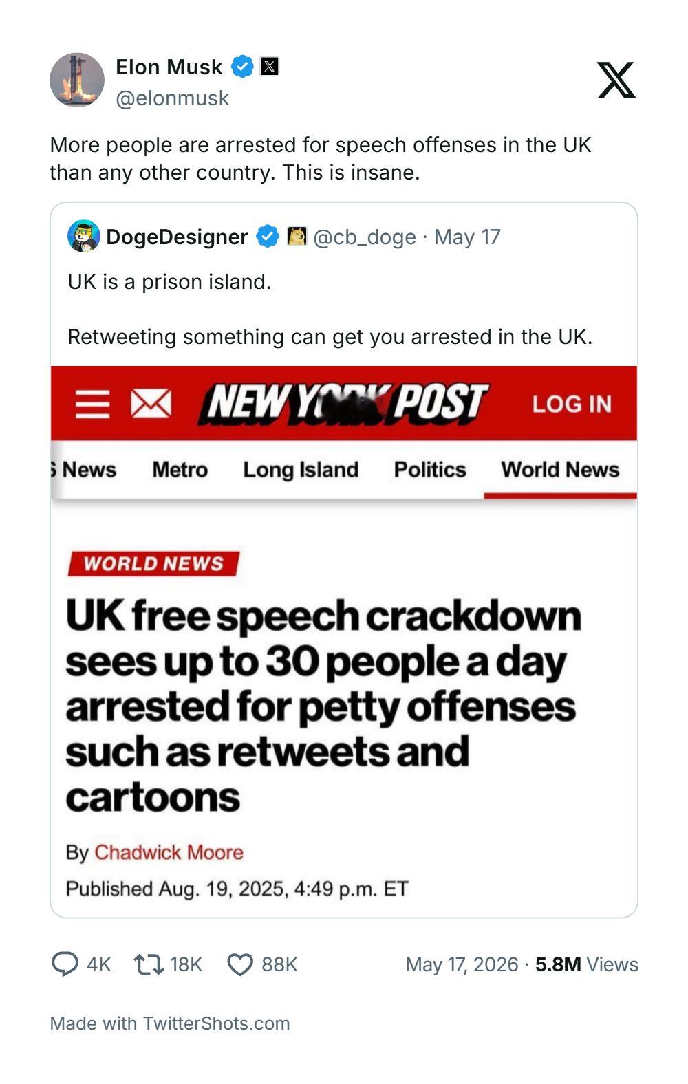 大部分人对世界的转向一无所知 …… 马斯克：“在英国，因言论罪被捕的人数比其他任