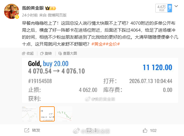 总结：7月13日微博共做五单，四胜一负。总盈：280点。 4070多单4076离
