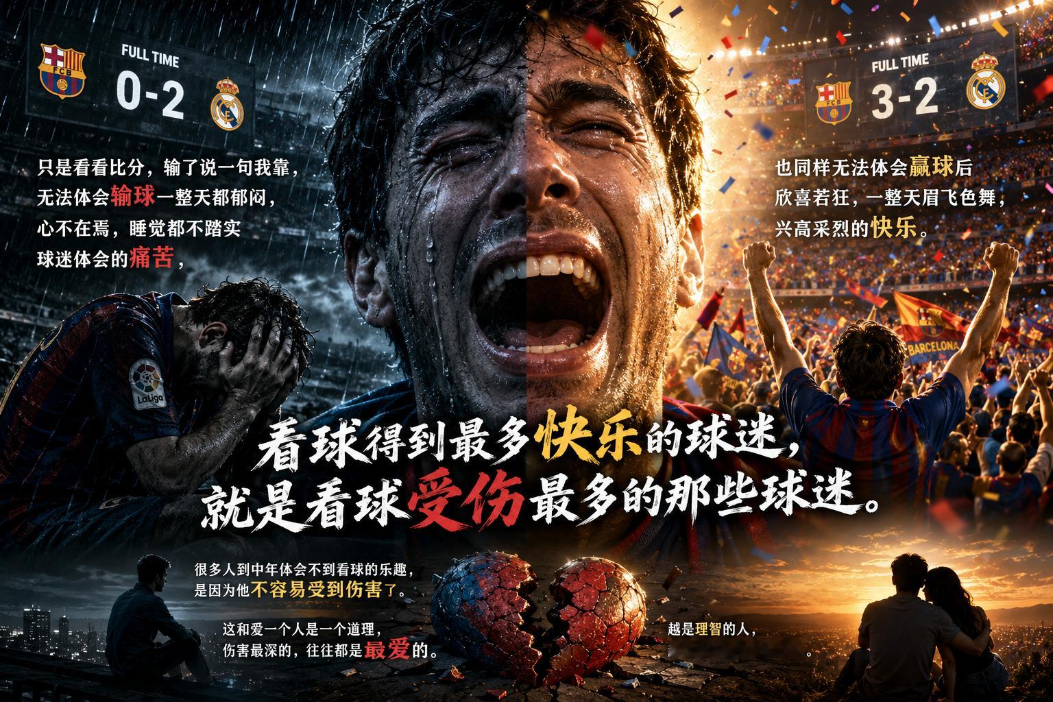 看球得到最多快乐的球迷，就是看球受伤最多的那些球迷。只是看看比分，输了说句我靠，