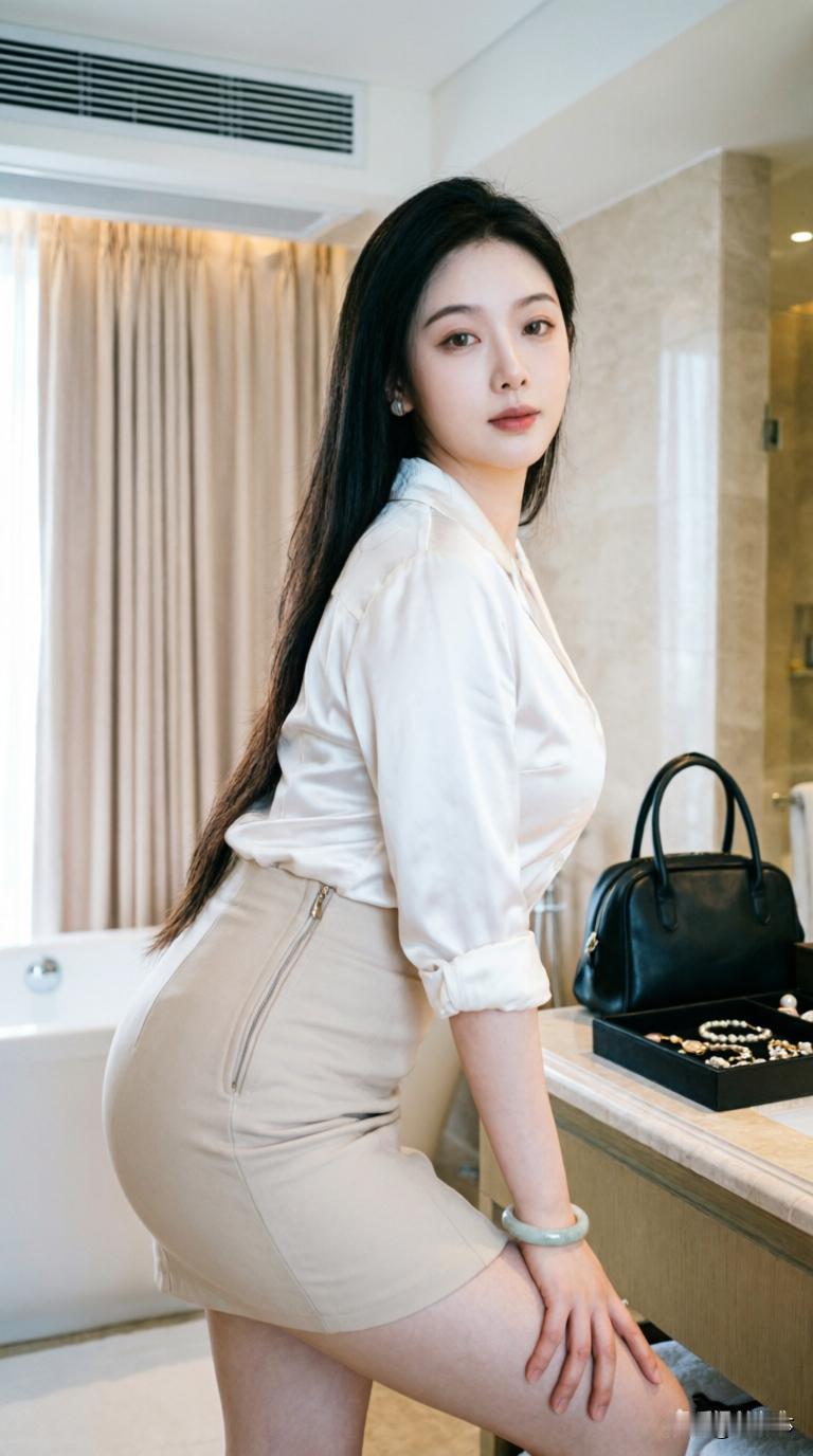 衬衫+包臀裙，职场风也能很俏皮？那天我穿白衬衫+卡其包臀裙，在浴室洗手台旁，米色