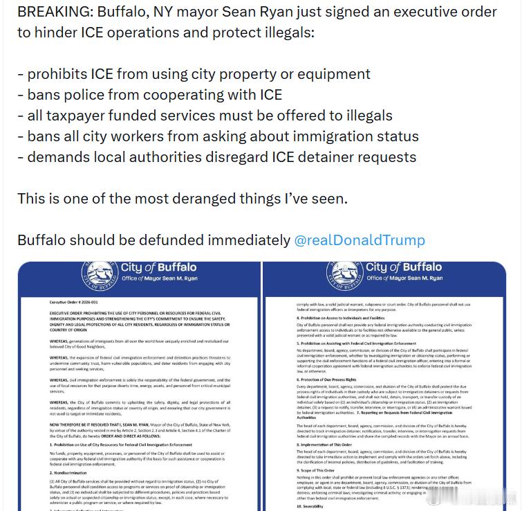 纽约布法罗市市长肖恩·瑞恩刚签署了一项行政命令，旨在阻碍美国移民与海关执法局(I