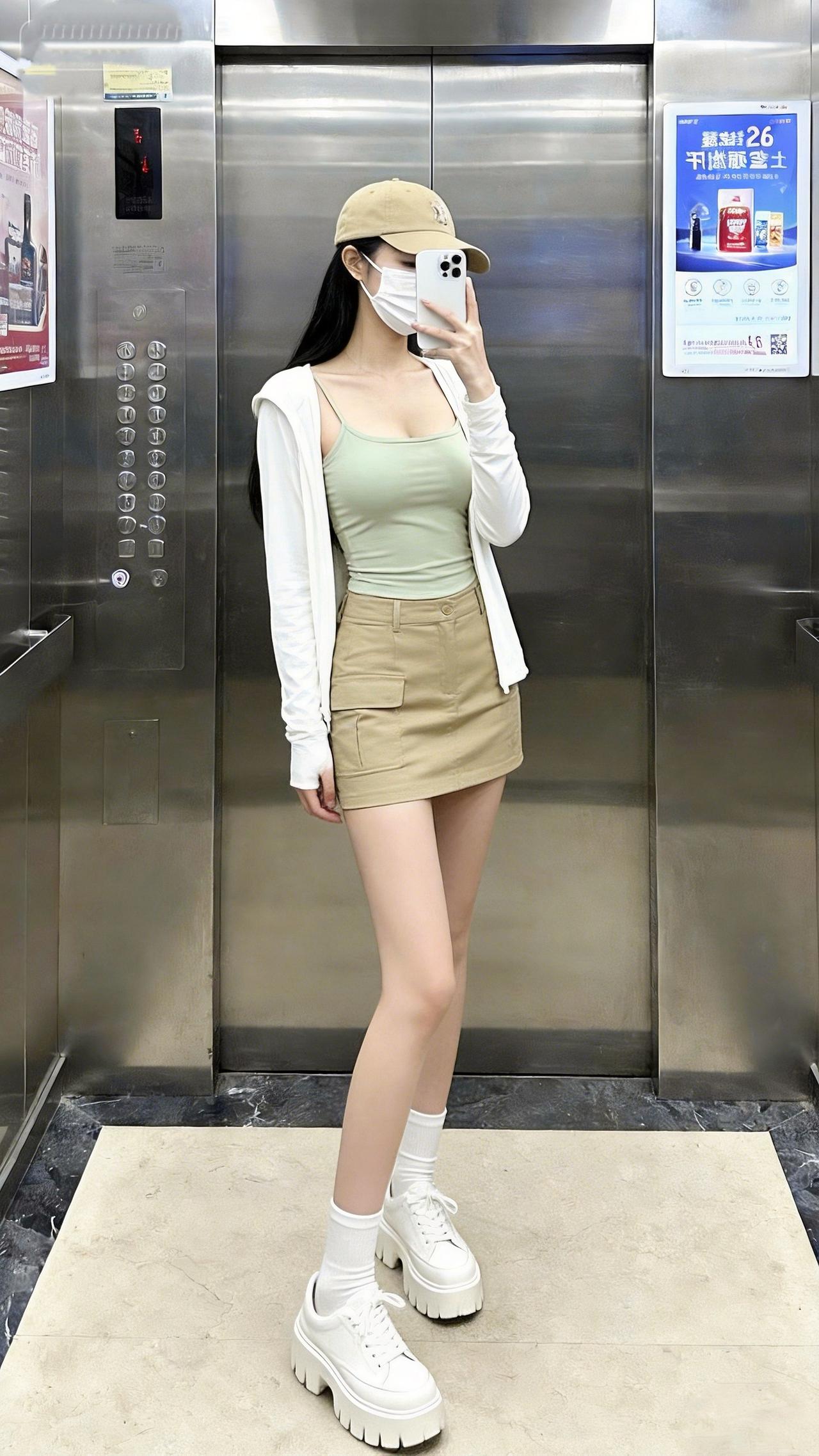 电梯间里，浅绿吊带裹着清新甜辣，卡其短裙一搭添了利落俏感～白开衫衬得松弛随性，厚