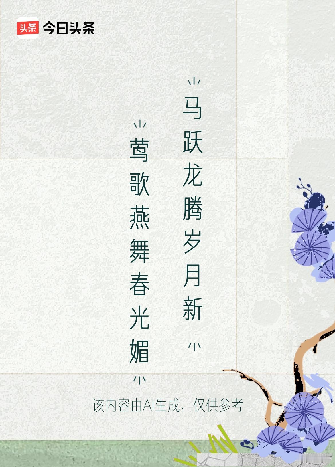 微头条
上联：莺歌燕舞春光媚
下联：马跃龙腾岁月新
上联：《莺歌燕舞春光媚》描绘