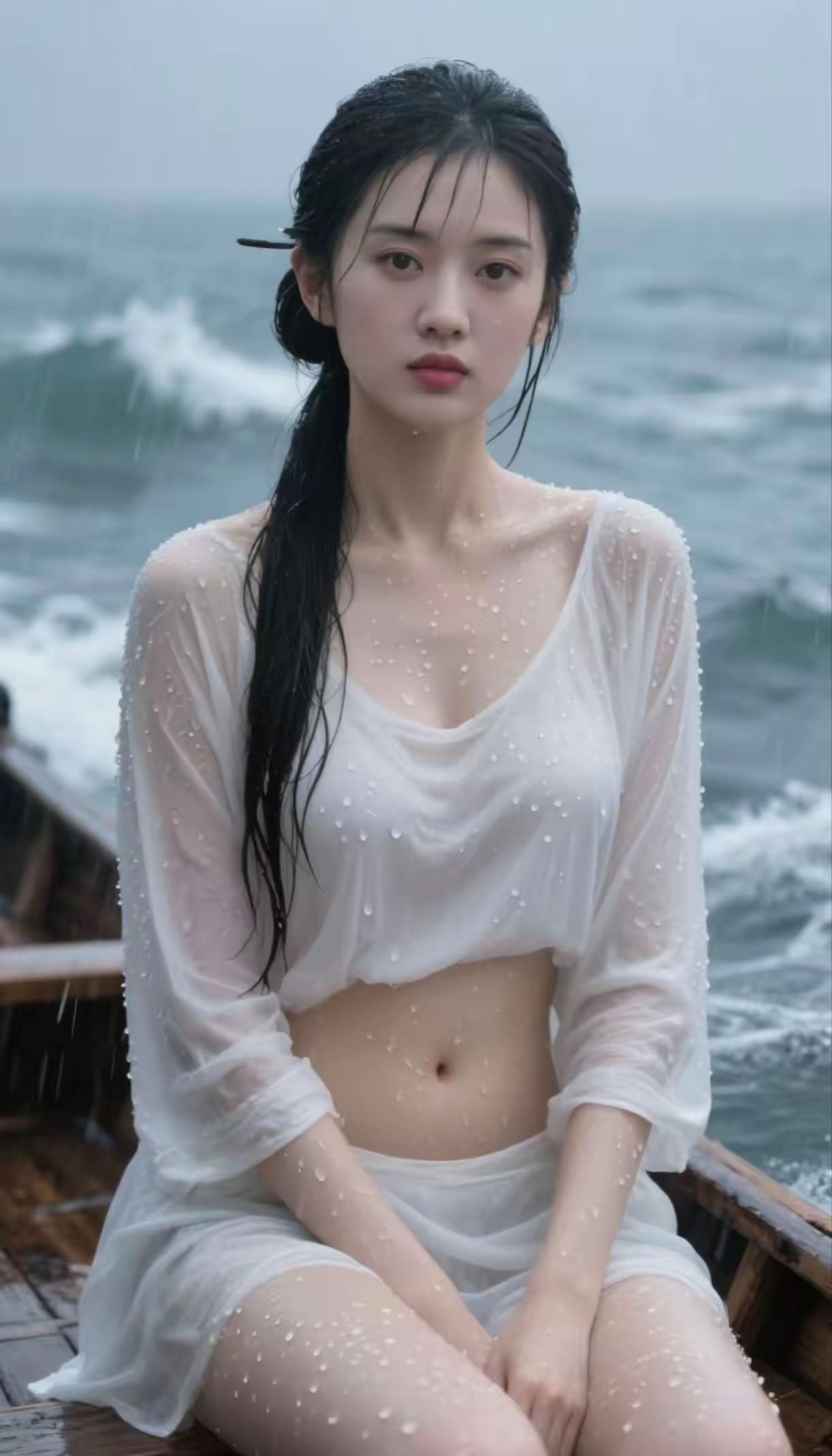 看到“雨中少女，海浪轻拍，湿透的白色长裙，唯美动人”，瞬间就想起蓝心妍那组《绮梦