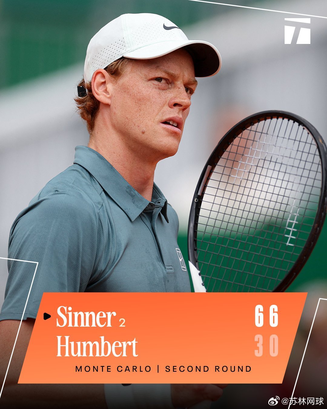 蒙特卡洛大师赛icon首轮🇮🇹辛纳icon6-3/6-0横扫安贝尔🇫🇷大