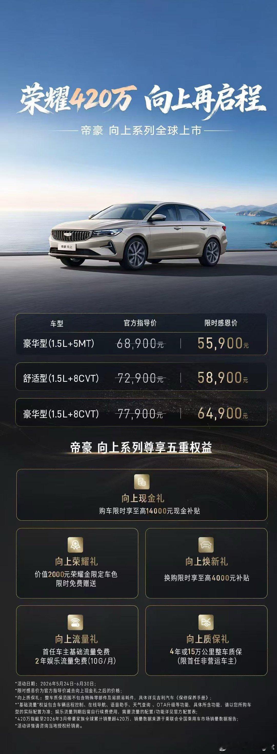 帝豪向上系列上市，限时感恩价5.59万元起。这次帝豪向上系列主要改变是新增荣耀金