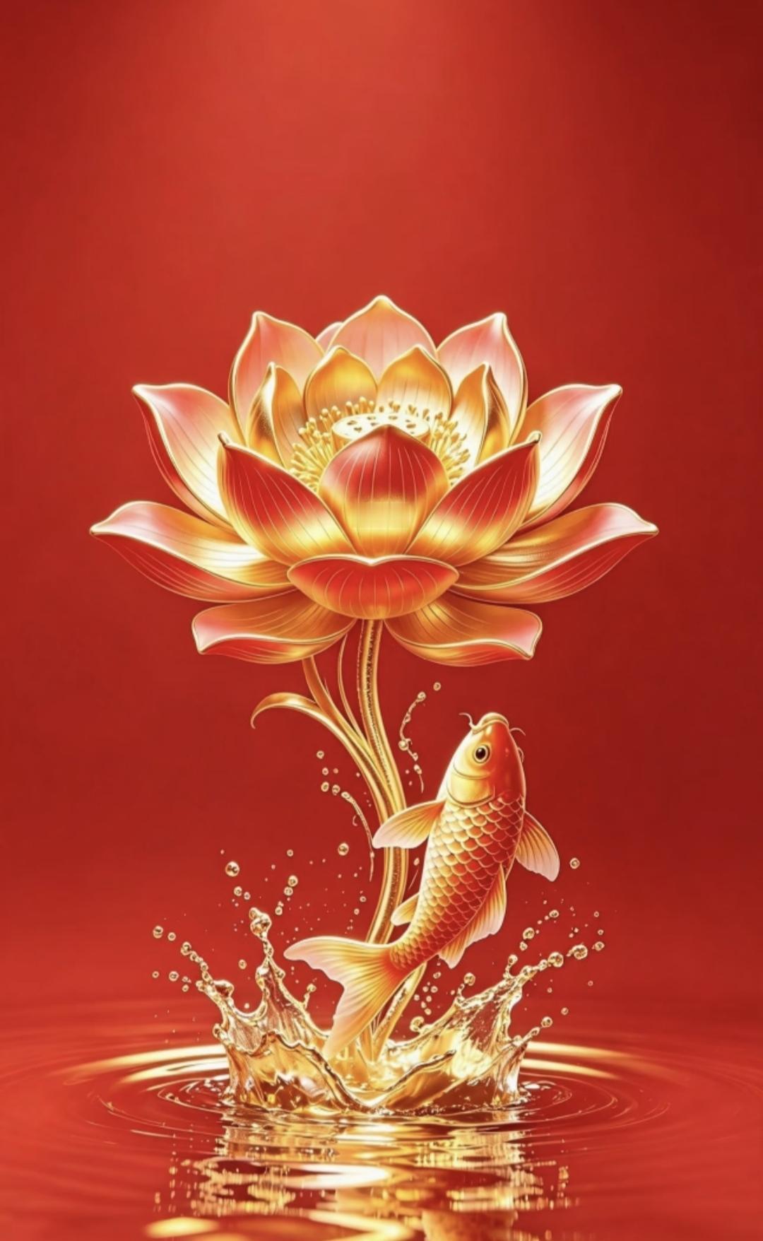 鱼跃莲间，所求如愿
红底托鸿运，金荷映吉祥。锦鲤跃莲动，心愿漾清波。传统文化 传